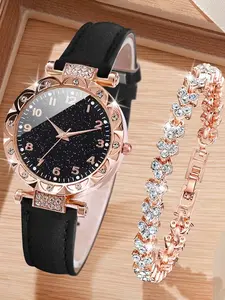 Ladies' Fashion Simple Starry Sky Digital Dial Quartz Watch+Bracelet 2-piece/set without watch box Exquisite Watch Set