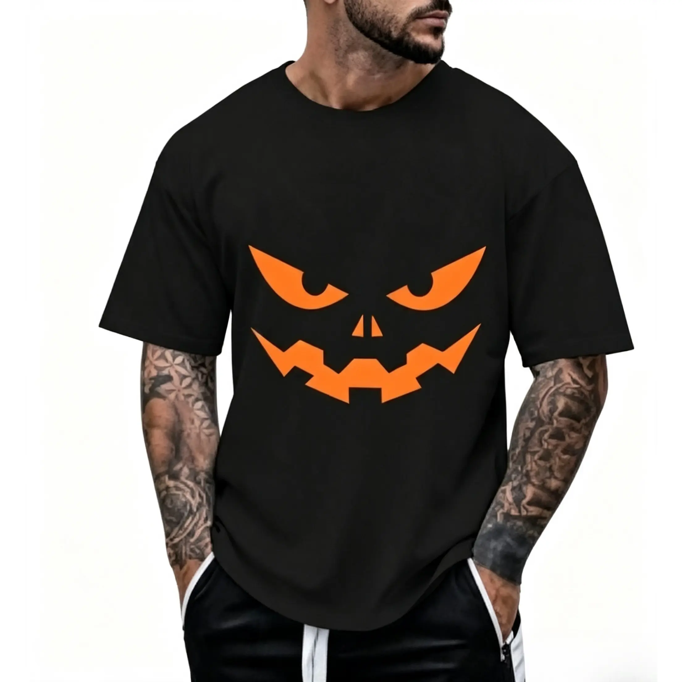 Halloween Jack O Lantern Pumpkin Face Graphic Print,  Cotton Crewneck T‑Shirt