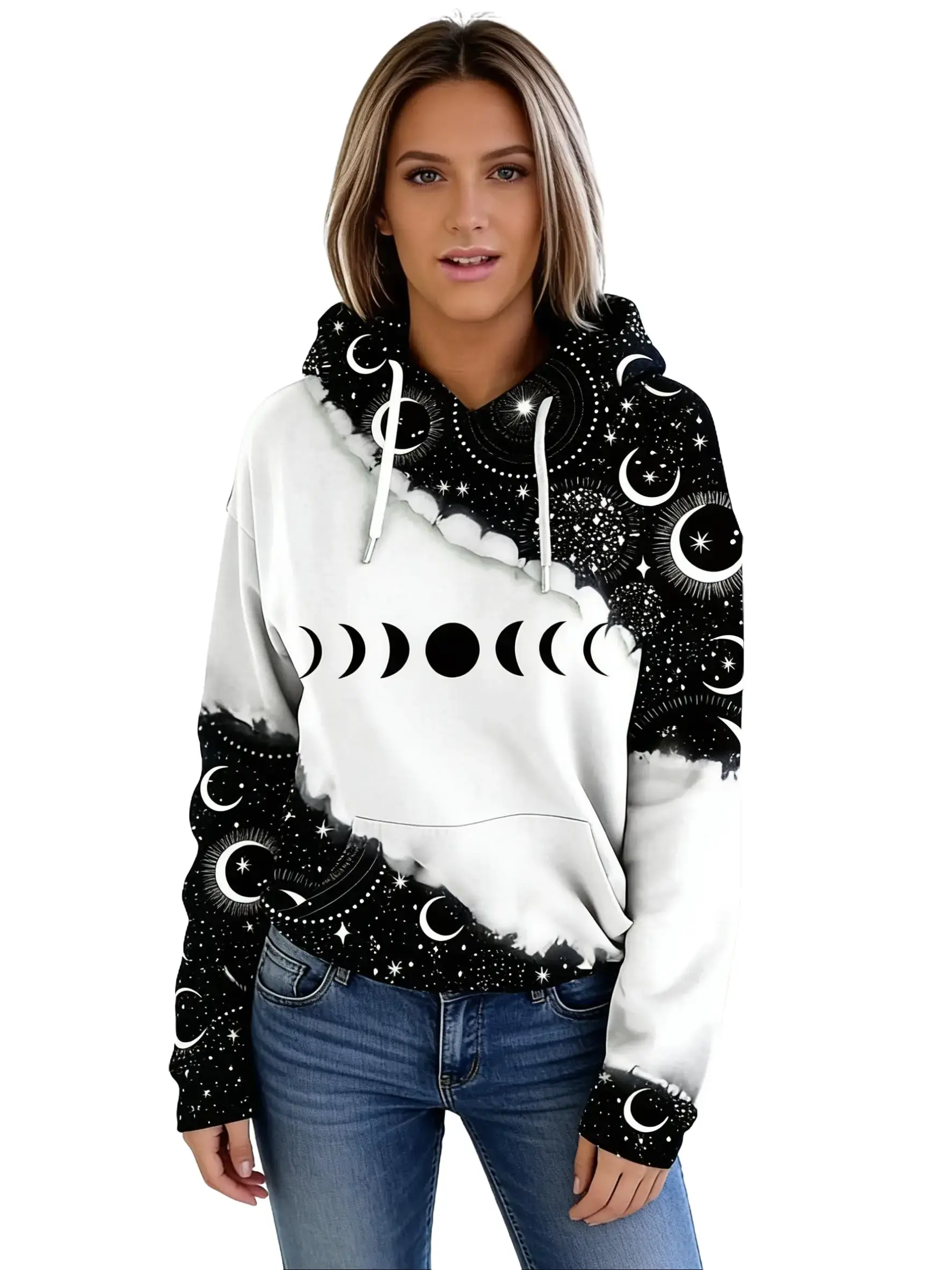 Women's Hooded Sweatshirt, Oversized Drop-Shoulder Pullover with Colorblock Moon Print, Knitted Fabric Top for Casual Outdoors Wear, Bohemian, Hooded Neck, Retro Boho, Drawstring, Knit Fabric, Vintage, Style, Long Sleeve