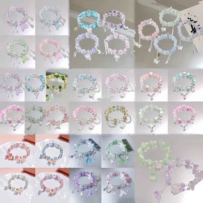 5/12/20Pcs Girls Glass Bead Bracelet Set -Multicolor Butterfly & Flower Charm Jewelry, Adjustable Elastic Cord with Heart/Star Charms, Bracelets for Valentine's Day Gifts, Birthday Party Favors for Girls, Bracelets for Women, Bracelets for Women