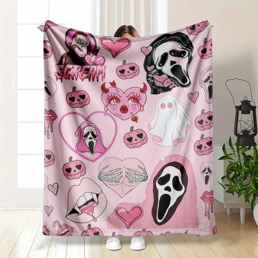 Spooky Scream Ghost Flannel Fleece Blanket, Pink Horror Punk Ghost Pumpkin Heart Print, Cozy Lightweight Warm Soft Texture Horror Room Decor, Perfect for Halloween Parties, Home Couch Use