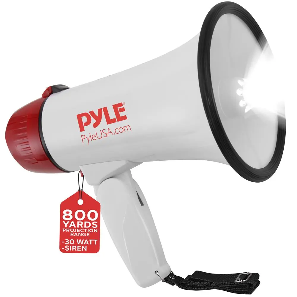 30W Megaphone Bullhorn - 800-Yard Range Loudspeaker with LED Light Siren Mode  Adjustable Volume Control - Portable Handheld Megaphone Speaker for Emergency Announcement, Commercial & Indoor Outdoor Use - Battery Operated