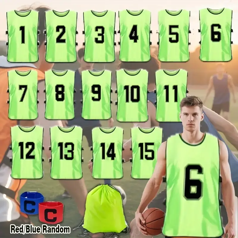 15-Pack Numbered Training Vests for Team Sports, Breathable Polyester Practice Jerseys with Carry Bag & Captain Armbands, Includes Carry Bag, Numbered Vests, Sporty, Id Your Players, Fast Team Id, Quick Id Numbers