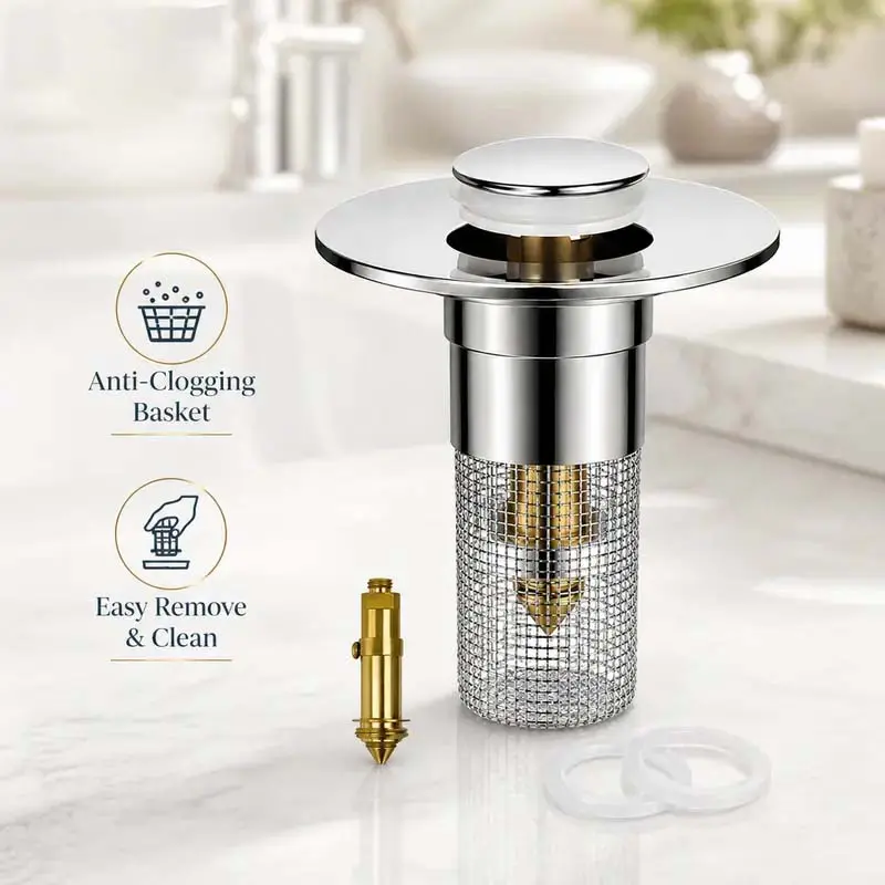 Bathroom Sink Drain Strainer, Pop Up Sink Drain Strain, Bathroom Sink Stopper with Removable Stainless Steel, Filter Basket Hair Catcher, Anti-Odor Fast Install Drain Strainer for Bathroom Kitchen Bathtub Drains