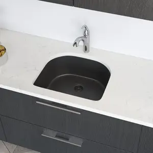 R3-1005-CAR-ST-CGF Carbon D-Bowl Quartz Granite Kitchen Sink with Grid and Matching Colored Flange