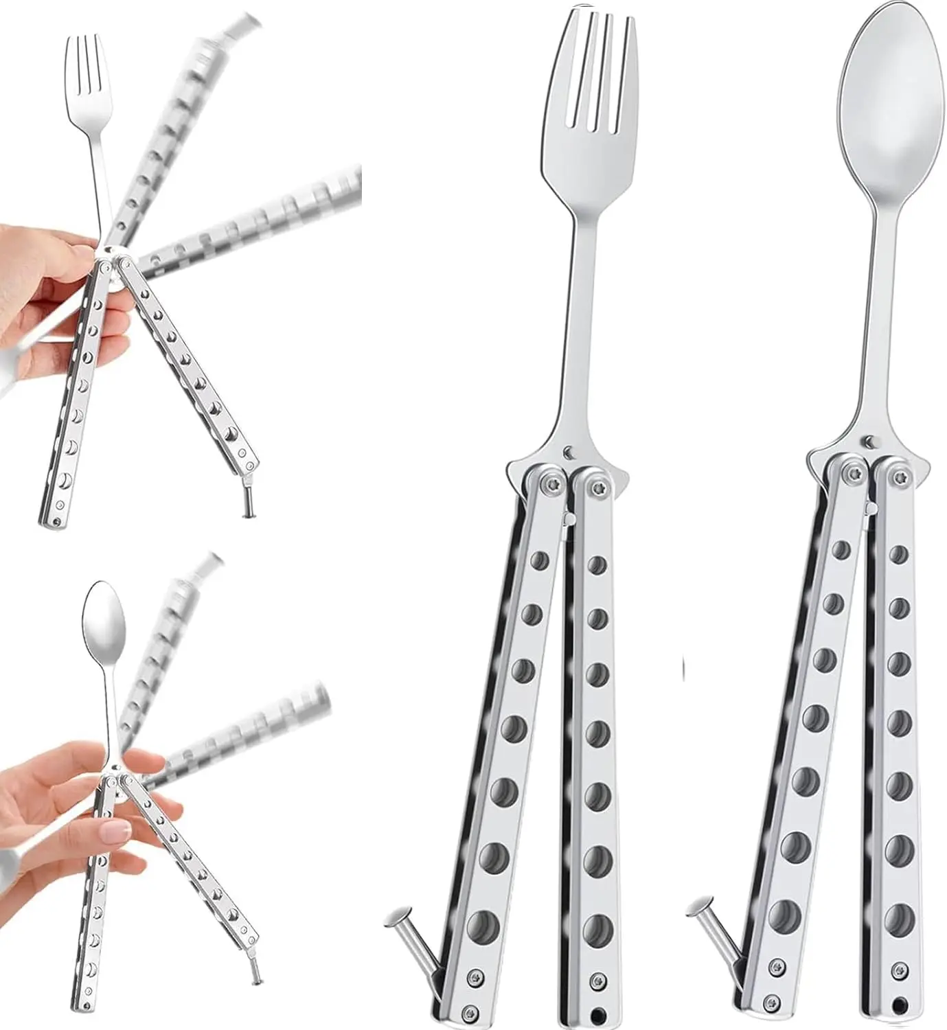 2-Pcs Butterfly Shape Stainless Steel Utensil Set - Compact Fold Tactical Balisong Trainer Spork Fork Spoon for Camping, Travel, Travel Camping