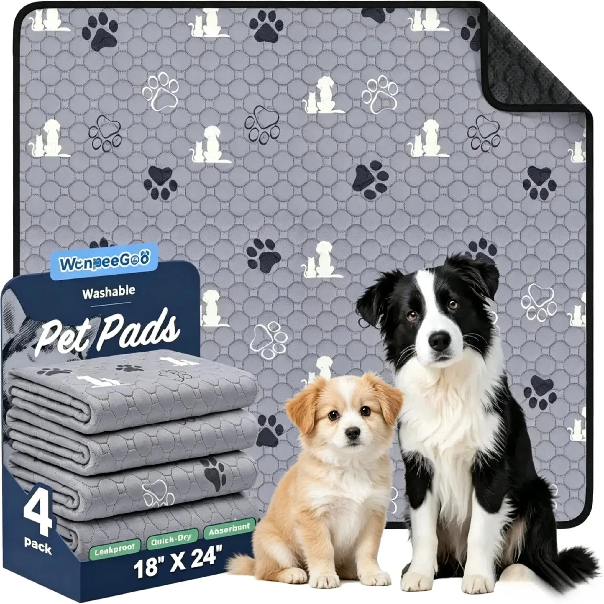 Washable Pee Pads for Dogs, 4 Pack Absorbent Reusable Training Dog Pads Pet Puppy Pads, Non-Slip Potty Pads for Whelping, Playpen, Crate, Bed, Grey 18"x24"