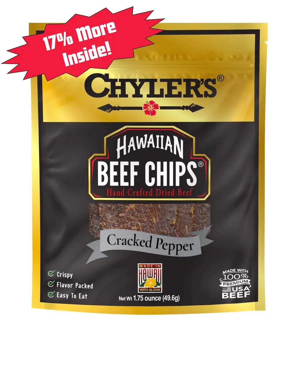 Chylers Hawaiian Beef Chips® Cracked Pepper - Crispy Snack with Easy to Eat, Made with 100% Beef, 1.5 oz (40g)