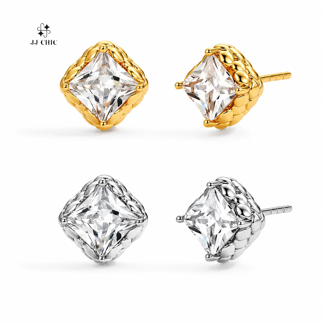 JJ CHIC Women's Princess Cut CZ Stud Earrings - Gold/Silver Tone Square Artificial Gemstone Earrings, Elegant Sparkly Jewelry Gift for Her