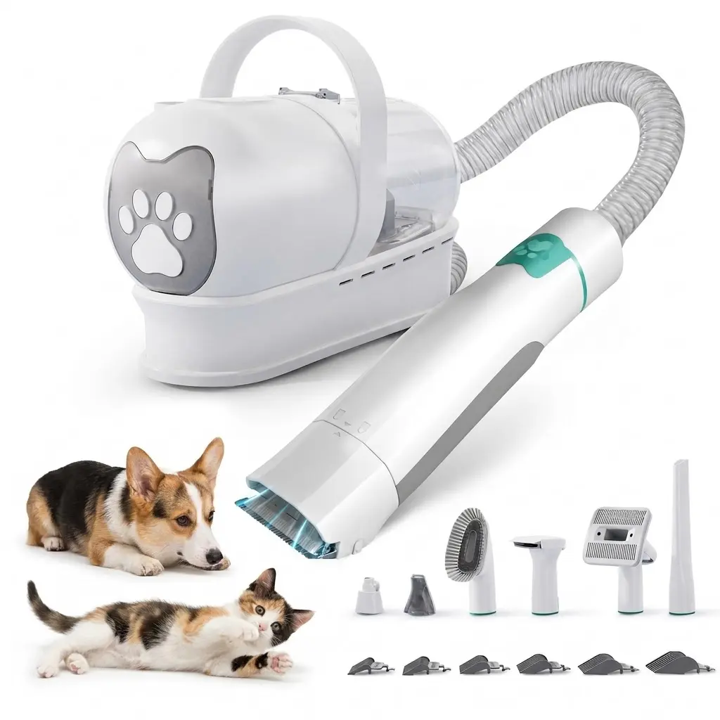 7 in 1 Dog Grooming Vacuum Kit, Cat & Dog Hair Vacuum Brush for Shedding - Includes Deshedding Mitts, Rollers, Nail & Paw Trimmer