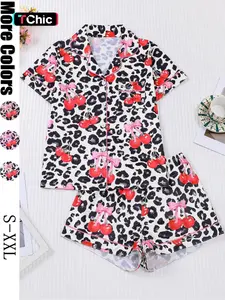 【Pink cherry】Women's Leopard Print Cherry Bow Sleepwear Set, Short Sleeve Button Front Top & Elastic Shorts, Casual Home Wear, Party