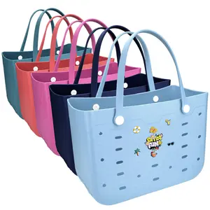 Large Capacity Rubber Beach Bag in Multiple Colors & Sizes Cartoon Cute Fashionable Tote Bag Easy to Clean for Supermarket Shopping Vacation Travel Beach Swimming Pool