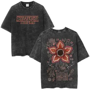New Arrival Stranger Things Printed Tee, Unisex Loose Fit Washed Cotton Shirt, American Retro Style, Casual Crew Neck Short Sleeve Streetwear Top