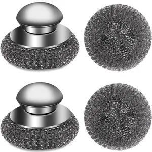 4pcs Steel Wool Scrubber with Replacement Wire Sponge Pads Set, Stainless Steel Scrubber with Handle for Scouring Stubborn Messes from Cast Iron, Pots, Pans, Grill, Stoves, Sink(2 Scrubber+2 Pads).-