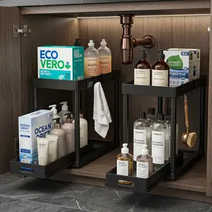 Pull Out Under Sink Organizer 2 Pack Multi Purpose Cabinet Storage Rack for Kitchen Bathroom Black