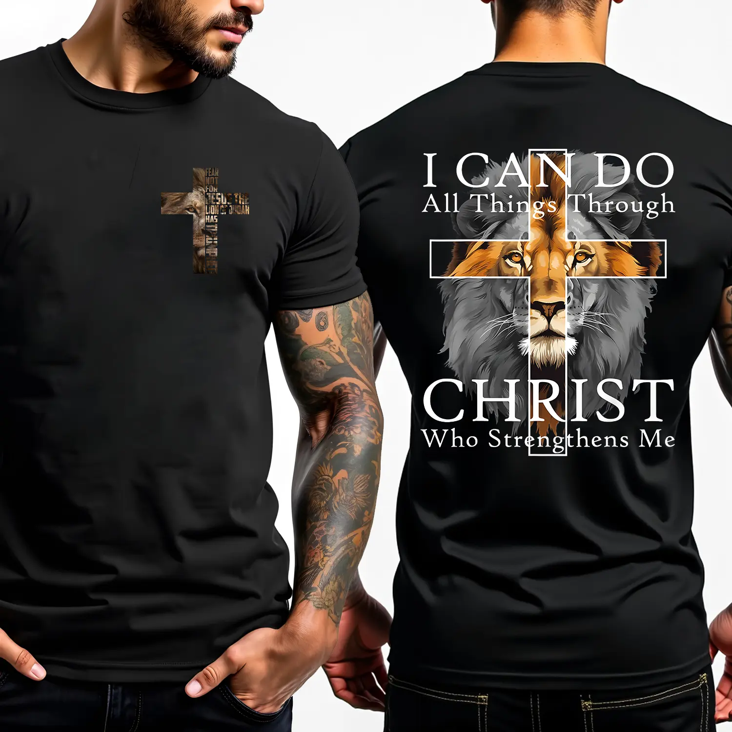 Slim-Fitting 4th Strong Lion & Cross Christian Faith Inspirational Short-Sleeve Round Neck Casual Streetwear Tshirt, Spiritual Top with Faith Message, Minimalist Sports & Outdoor Sport Top, Sporty Chic