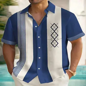 Plus Size Mens Vintage Geometric Pattern Short Sleeve Button-Down Shirt - Lapel Collar, Pocket Detail, Non-Stretch Polyester Fabric, Machine Washable, Perfect for Summer Casual Wear