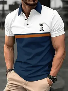 AIOPESON Men's Fitted Short-Sleeve Polo Shirt - Polyester Menswear Top, Blue & White Geometric Color Block, 3D Crown Letter Print, Button Closure, Casual All-Seasons Adult Travel Gift