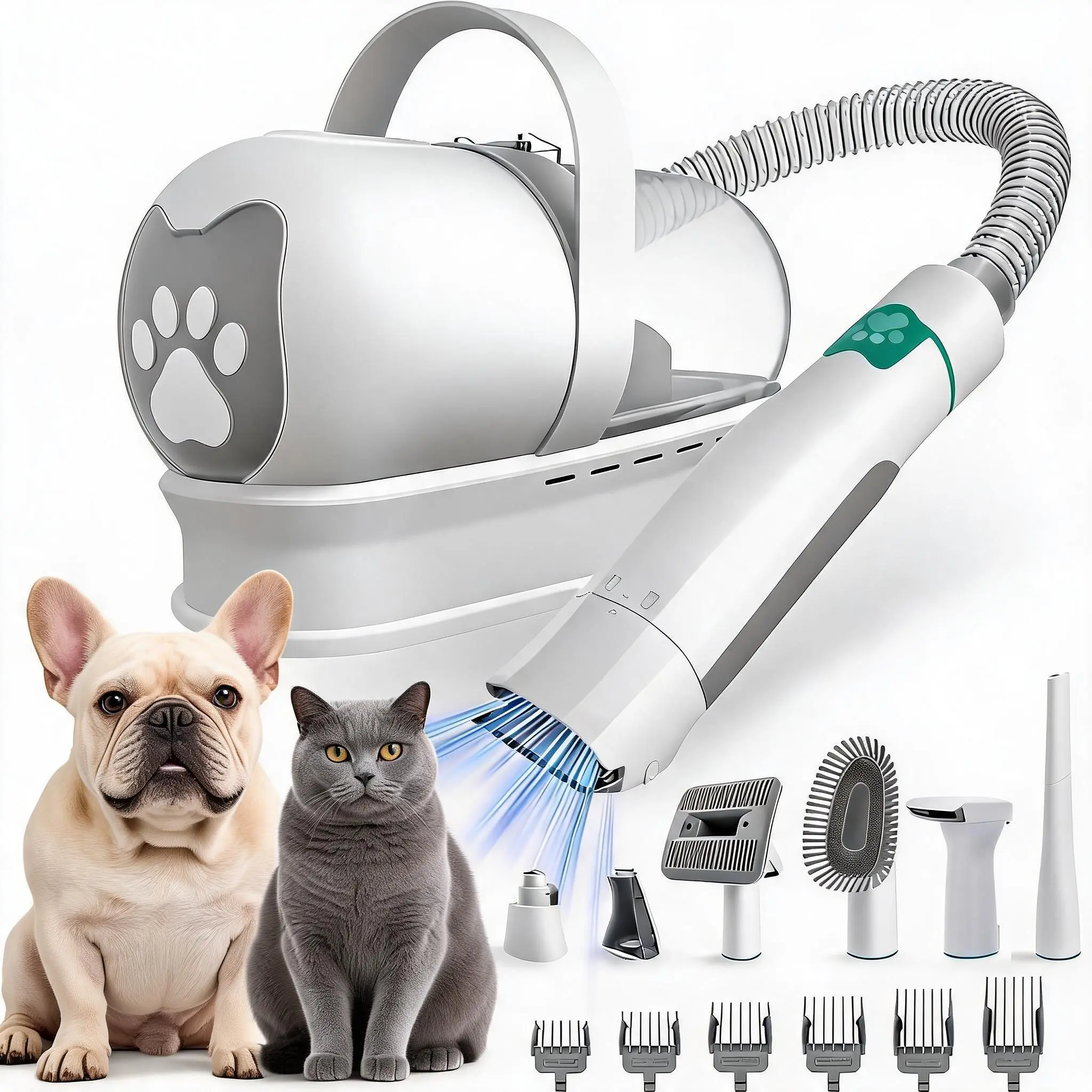 7-in-1 Universal Dog and Cat Shaver Vacuum Kit, 7-in-1 Electric Pet Grooming Clipper Set with 6 Detachable Guard Combs, Low Vibration Paw Trimmer & Nail Grinder