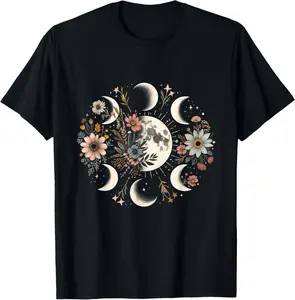 100% Cotton Celestial Moon Phase BOHO Wildflowers Zodiac Witchcore T-Shirt