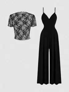 2 Piece Lace Sheer Top Wide Leg Jumpsuit Set Women | V Neck Spaghetti Strap Outfit | Gothic Y2K Party Nightclub Wear | Baddie Date Night Casual Going Out Womenswear