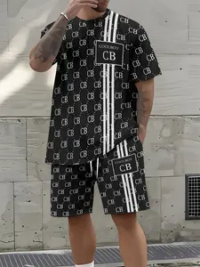 Men's stylish casual sportswear set: Letter print crew neck T-shirt and drawstring shorts set. Comfortable, versatile, and suitable for outdoor activities. Workout Sets