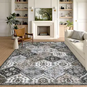 【GARVEE】Washable 9x12 Area Rug Non-Slip Large Living Room Rug, Stain Resistant and Low Pile Faux Wool Accent Oriental Carpet, Vintage Printed Rugs for Living Room, Bedroom, Nursery Rug, Gray Coffee