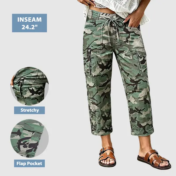 Flamingals Camo Print Flap Pocket Drawstring High Rise Straight Leg Crop Pants Womenswear Stretchy 24.2" Inseam