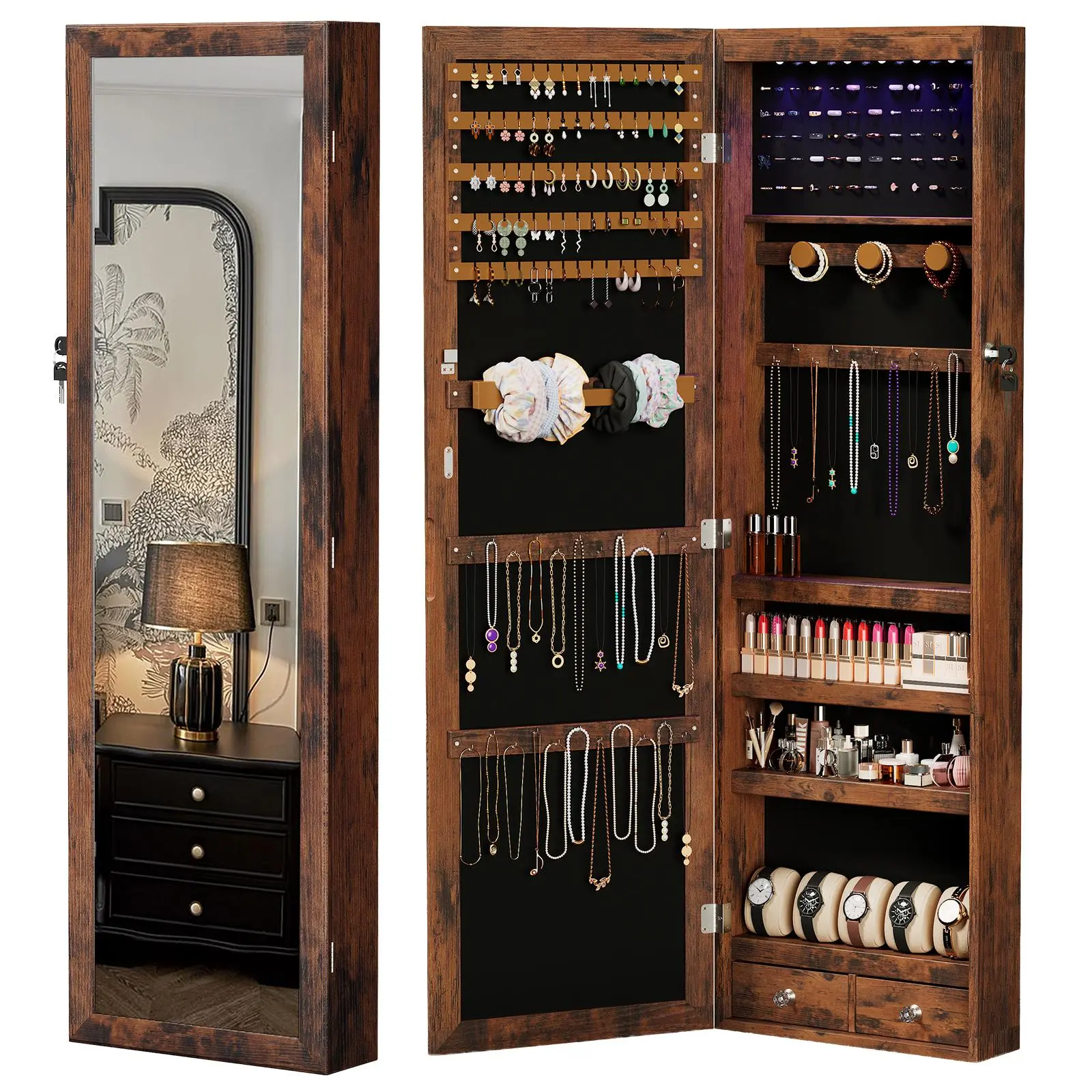 47.2" H x 14.2" W Full-Length Mirror Jewelry Cabinet, Wall or Door Mounted Jewelry Armoire with LED Lights, 60 Ring Slots & 33 Hooks, for Bedroom Closet