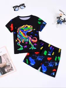 Boys Dinosaur Print Short Sleeve T-Shirt and Elastic Waist Shorts Set, Casual Comfortable Sleepwear, Home Clothing Ensemble, Casual Comfy Pajama, Pajama Sets