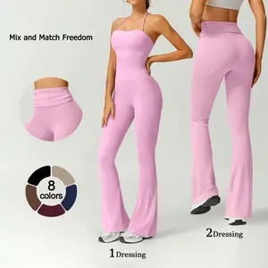 TIMEOFF Women's Halter Neck High Waist Butt Lifting Bodycon Flared Leg Workout Jumpsuit - Stretchable Solid Color Athleisure Activewear, Stylish Women's Clothes for Gym & Fashion Outfits (Athleisure Style)