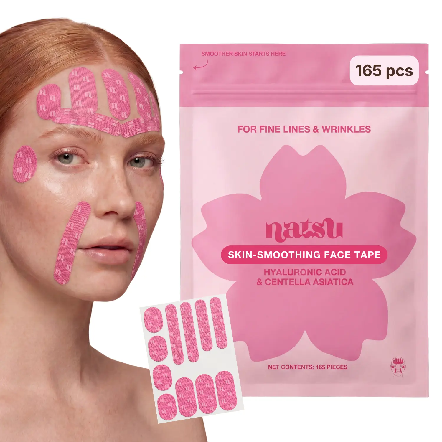 Cotton Face Tape - 165 Pre-Cut - Hyaluronic Acid & Centella Asiatica Cica - Overnight Wrinkle Smoothing for Forehead, Smile Lines, Frown Lines - Hypoallergenic, Latex-Free, Sensitive Skin Friendly