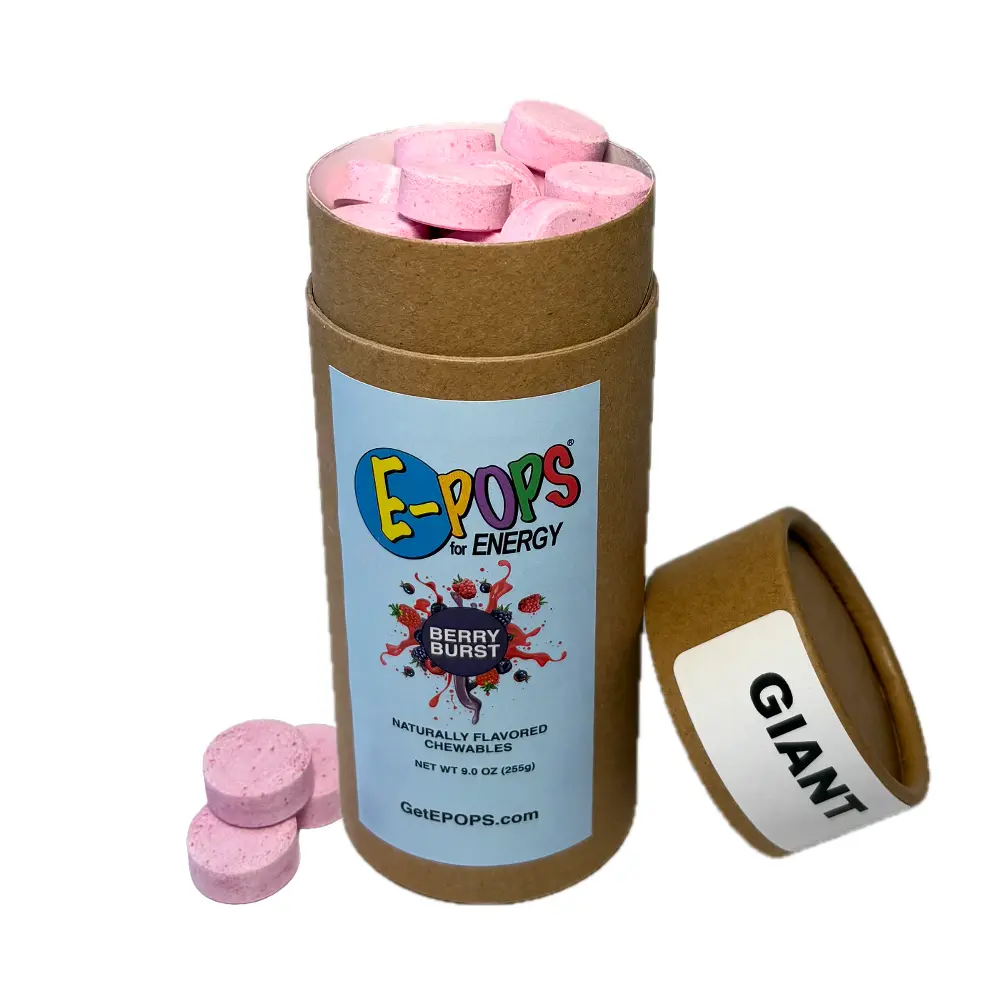GIANT E-POPS Energy Candy with Carbs & Electrolytes Retro Berry Burst Flavor 9.0 oz Eco-Friendly Cardboard Tube Sugar-fueled Candy Energy Boost for Sports & Fitness