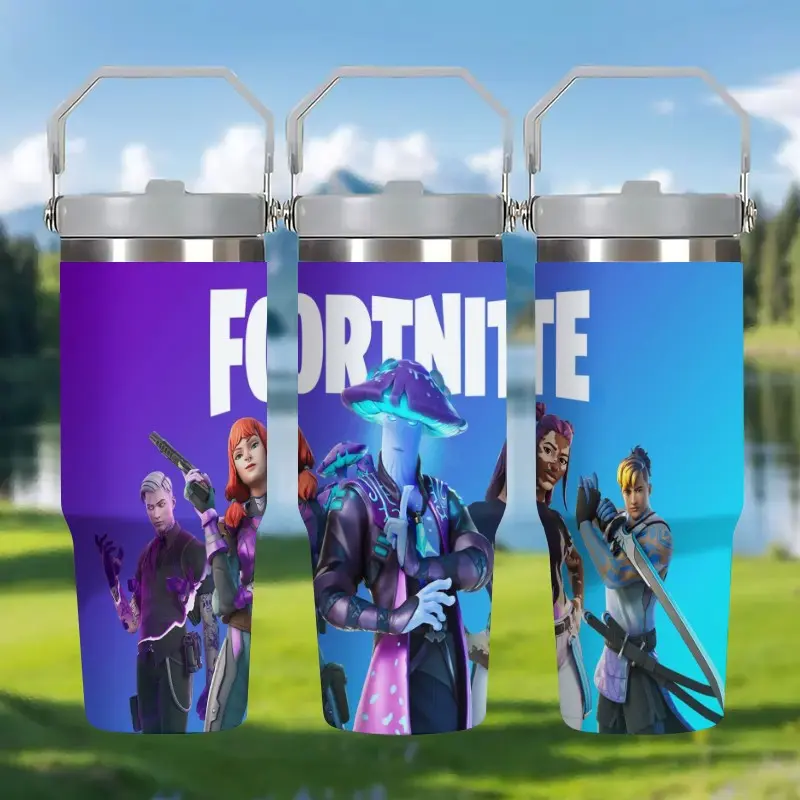 1pc 30oz Stainless Steel Insulated Mug, Fortnite Cartoon Game Character Printed Mug, with Handle and Straw, Car Mug, Thermo Cup, Suitable for Outdoor Camping, Personalized Gift for Birthdays/Holidays