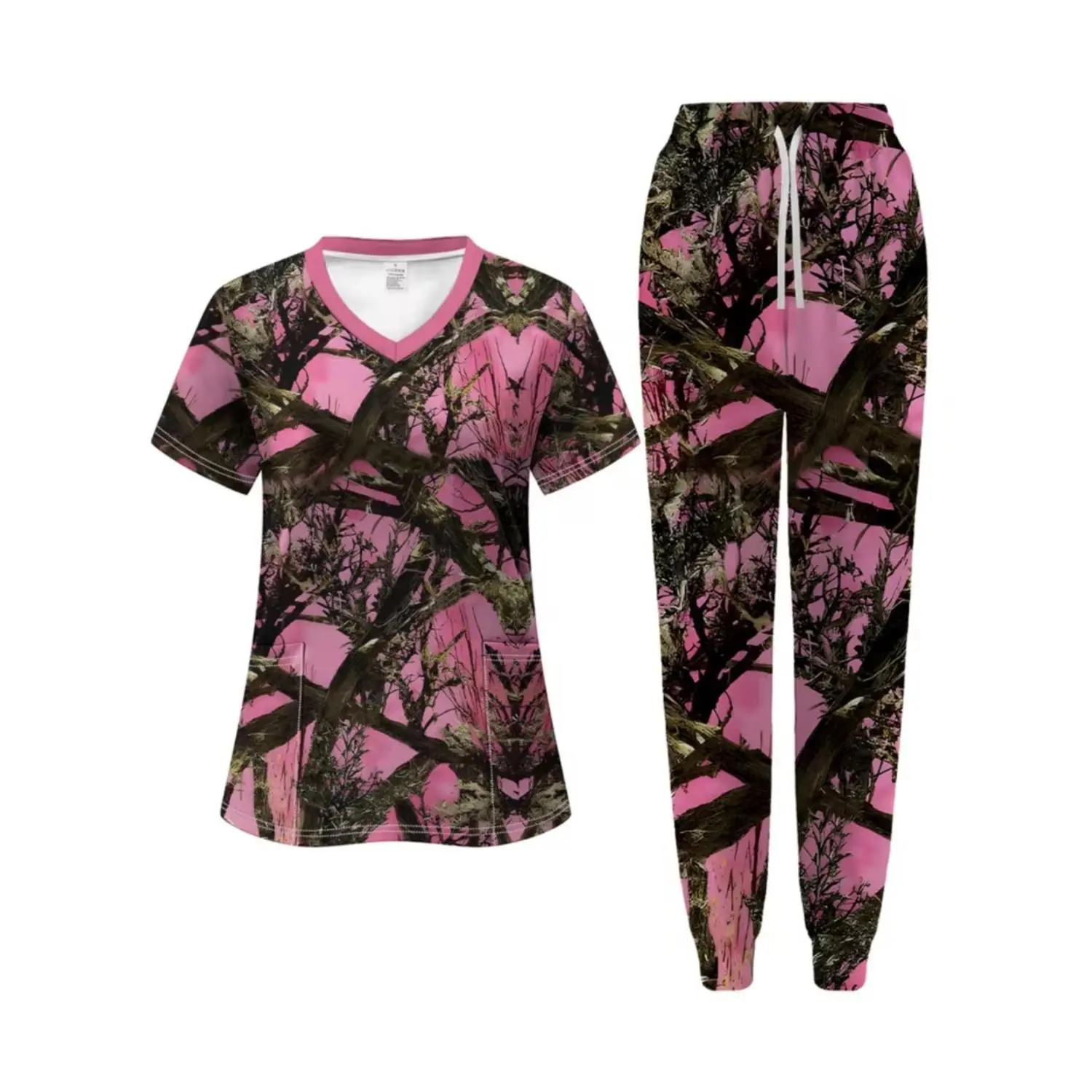 Staff Pink Camouflage Themed Set: Sweet & Cool Style Workwear, Breathable Scrub Shirts, V-Neck Pocket Uniforms, Jogger Pants, and Hand Sanitizer