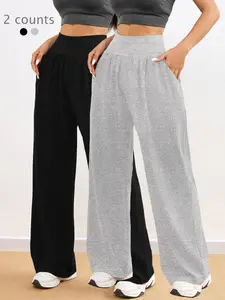 Women's Solid Pocket Wide Leg Sports Pants, Gym Sportswear Bottoms, Casual Comfy Breathable Trousers for Yoga Gym Workout Running, Ladies Sportswear for All Seasons, Breathable Activewear Bottoms