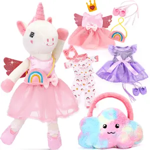 hahaland Unicorns Plush Toys Ballerina Doll Stuffed Toys for Girls, Ballet Dress up Doll, Pretent Doll Toy 3 Set Clothes with Plush Bag, Kids Toy Birthday Gifts for 2-4 6 Year Old Cuddly Outfits