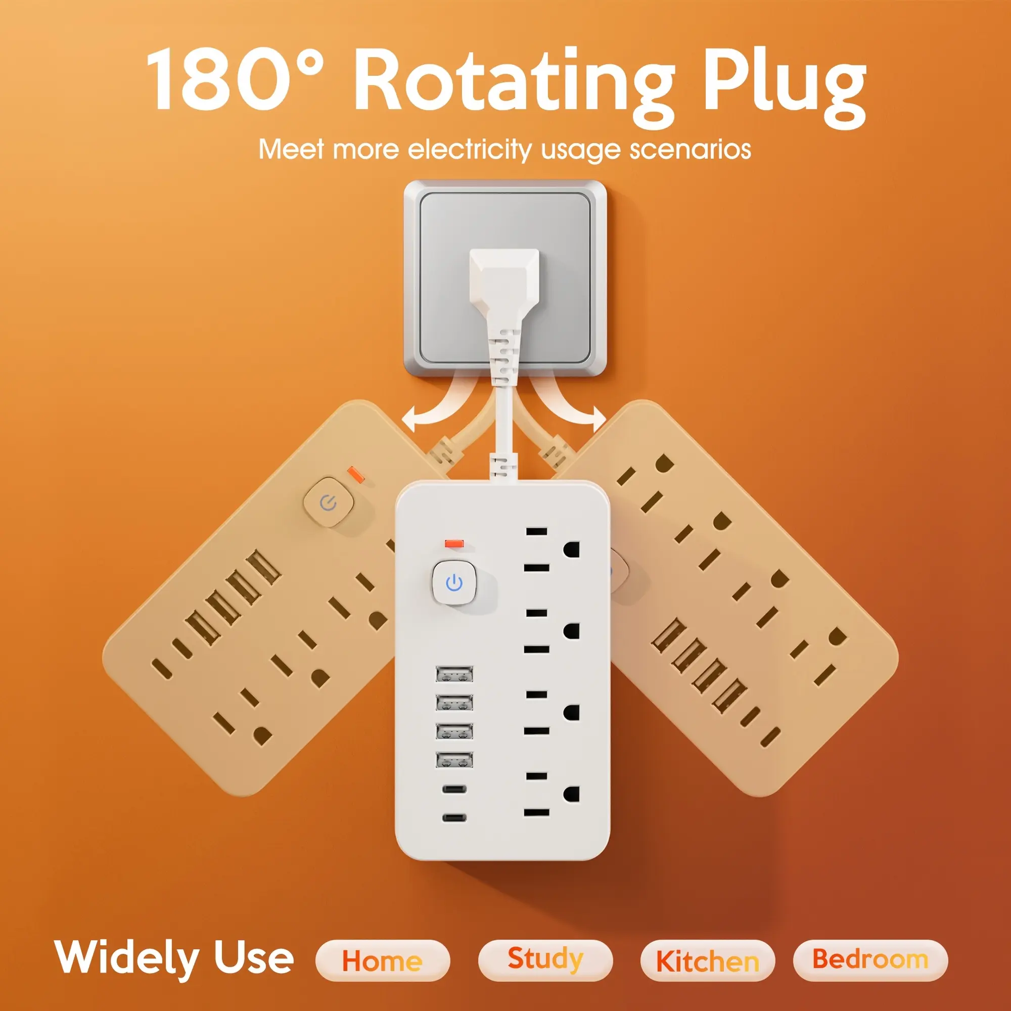 10-in-1 Power Strip - With Overload Protection And One-touch Control Switch. 4 Spacious AC Power Outlets And 6 USB Ports (including 2 TYPE-C Ports) Short-cord Design, Wall Mountable. Ideal For Office, Den, Home And School Environments.