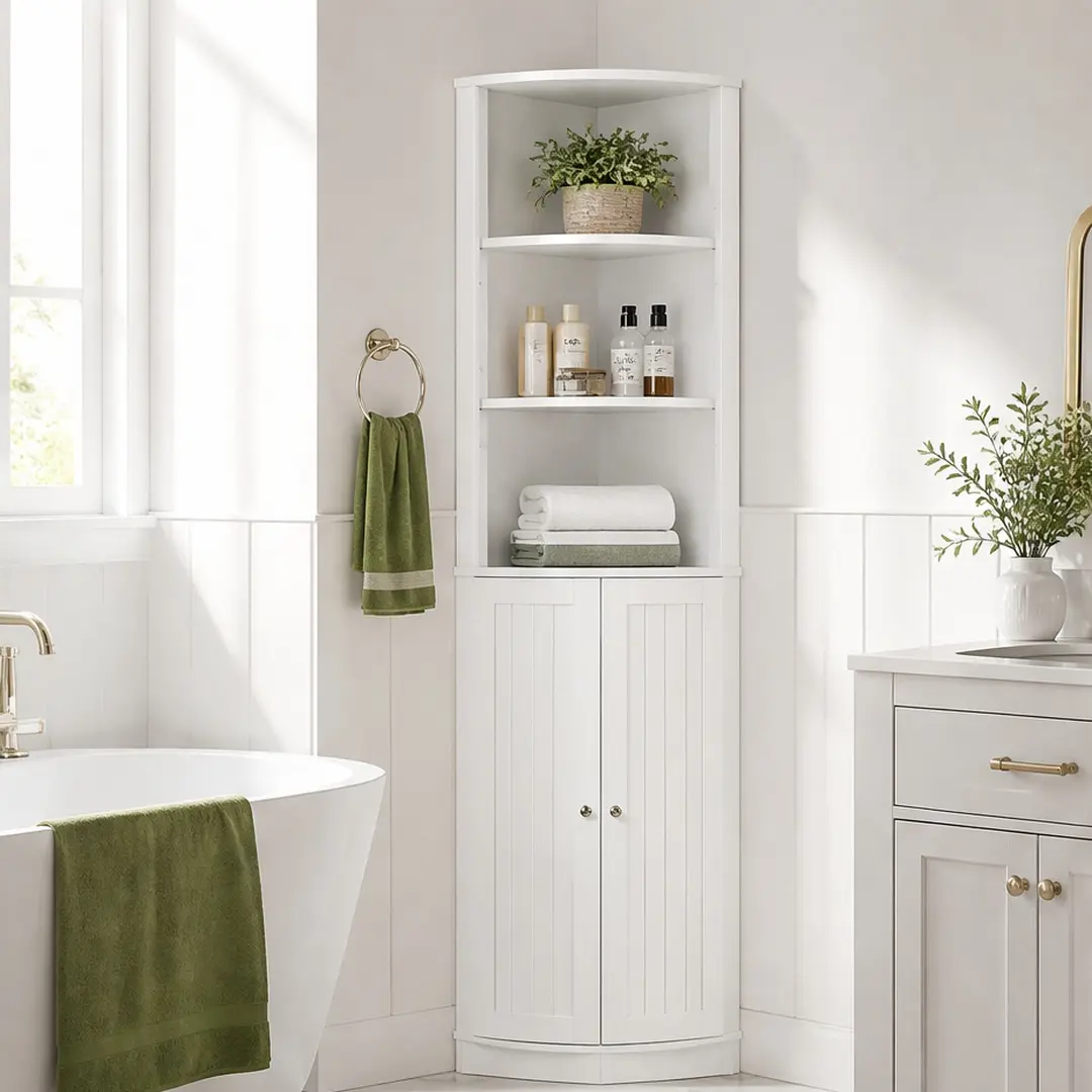 ARCH 67-Inch Sturdy Corner Storage Cupboard, Freestanding Narrow Waterproof MDF White Organizer with 2 Doors, Adjustable Corner Shelves, Right-Angle 39.20 lb Unit, Anti-Tipping, Assembly Required, for Bathroom, Kitchen
