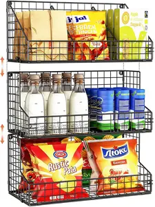 3 Tier Large Stackable Snack Organizer - Versatile Wall Mounted Wire Storage Basket with Divider for Candy Chip Cans Bars - Ideal for Pantry Office Home
