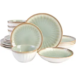 Mayfair Bay 16-Piece Embossed Double Bowl Dinnerware Set, Service for 4 – Green Stoneware Plates and Bowls