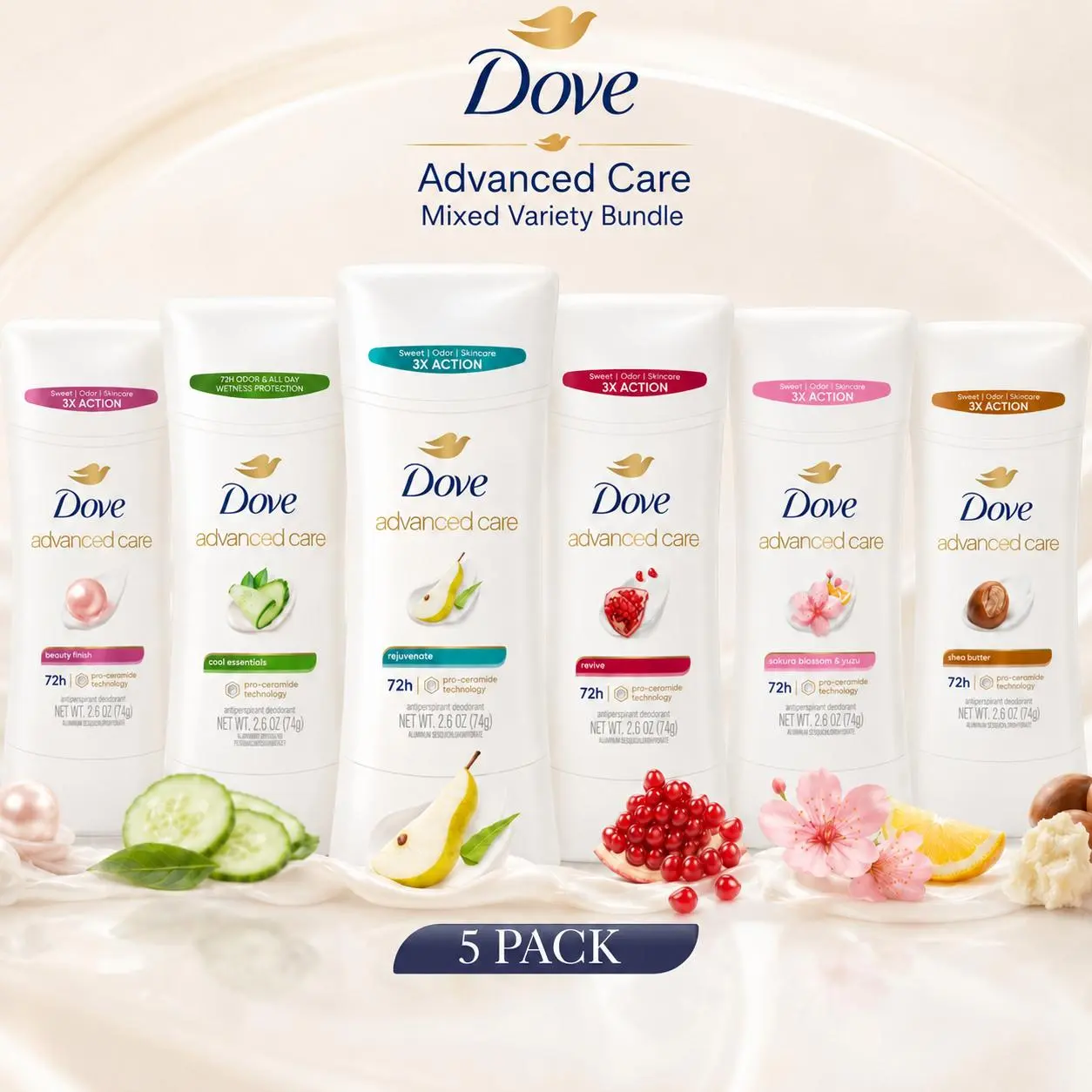 Dove Advanced Care Deodorant Stick Mixed Variety Bundle 5 Pack- Antiperspirant 2.6oz (74g) Assorted Scents for Women, Fragrances, Body Care, Gift, Shea, Gym, Female, Smooth, Scented, Gym Bag