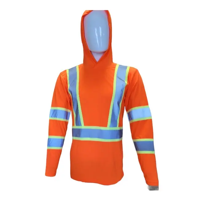 Orange Long-Sleeve Hooded High Visibility Safety Shirt - Polyester Mesh, Reflective Tape, Fitted Comfortable Design, Durable Materials, Hood Helps Guard Head Area, Exceptional Safety - Work Apparel for Home Improvement, Security Tasks