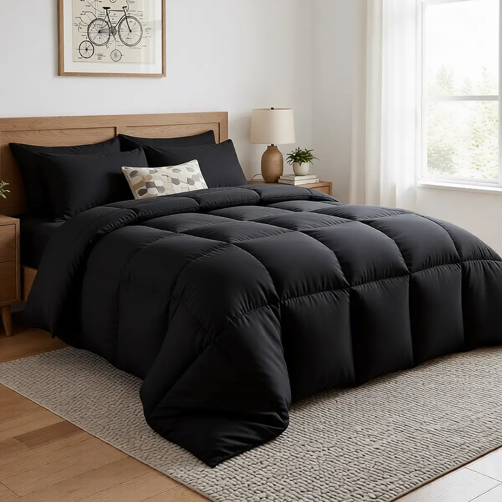 Ultra Soft Black Down Alternative Comforter All Season Plush Quilted Blanket for Bed Lightweight Cozy Bedding Insert with Box Stitching Skin Friendly Microfiber Shell Fluffy Hotel Style Comforter for Bedroom, Winter Warm Summer Breathable Luxury Bed Cover
