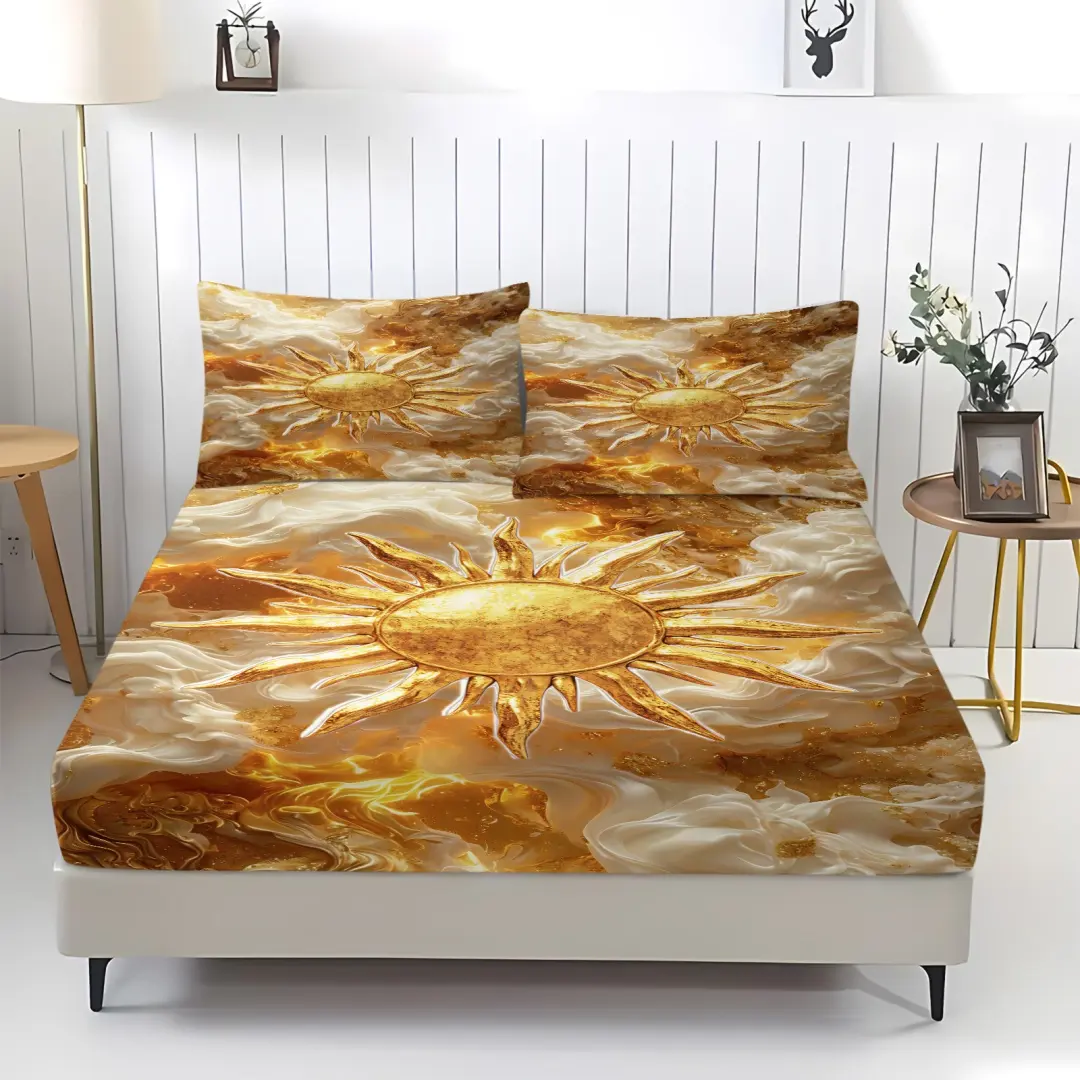 3-piece set of sun symbol patterned bed sheets, including 1 bed sheet and 2 pillowcases, anti slip dust cover suitable for bedrooms, suitable as a Christmas gift
