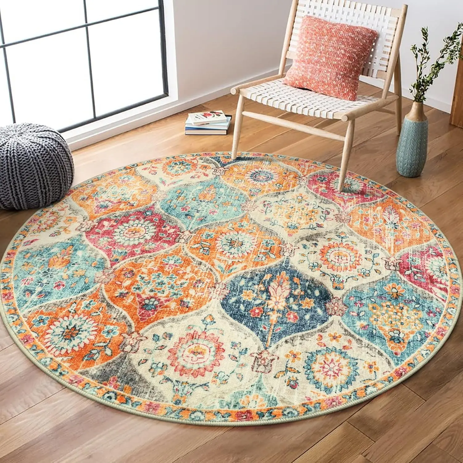 Vintage floral round rug, modern art non-slip cushion, soft low pile design, machine washable, bohemian style, home decoration, suitable for living room, bedroom, Boho floral rug, Boho area rug, Home Decor Rugs