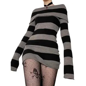 Collared off-shoulder slim-fit dress for women, Y2K sexy slim-fit long-sleeve short knit dress