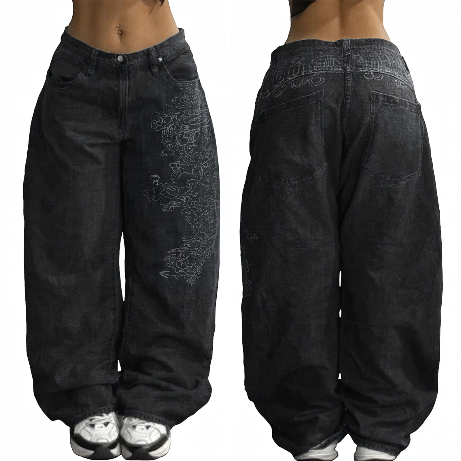 EMMIOL Women Hip Hop Baggy Jeans Wide Leg Mid-Low Waist Barrel Jeans Loose Boyfriends Jeans 90s Vintage Denim Pants casual comfy Cherry Blossom Embroidery Black Womenswear Summer Vibes SohoChic【Back to School】