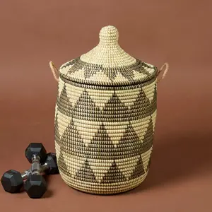 Decorative Wicker Basket with Lid & Handles, Clothes Hamper, Nursery Basket, Toy Storage, African Woven, Hood Lid, Black Triangles, Small Size