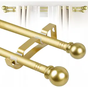 Double Curtain Rods Set for Windows 30 to 60 Inch, Gold Curtain Rod with 2 Pole Brackets, 5/8" Diameter Blackout Drape Rod for Bedroom Living Room